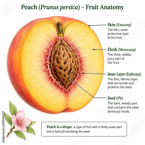 Scientific Illustration of Peach Anatomy with Skin Flesh and Seed Labels
