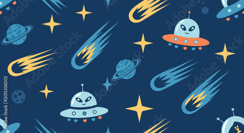 Fun outer space seamless pattern showing cartoon aliens in UFOs among bright stars and streaking comets in the night sky.