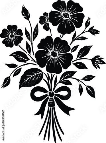 Black and white floral bouquet with ribbon bow on white background