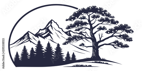 Schilderij op canvas Silhouette of a mature pine tree in front of majestic mountains a forest of fir
