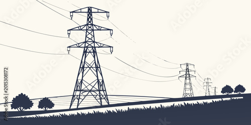 Konstfotografi Illustration of power pylons and transmission lines stretching across a grassy l