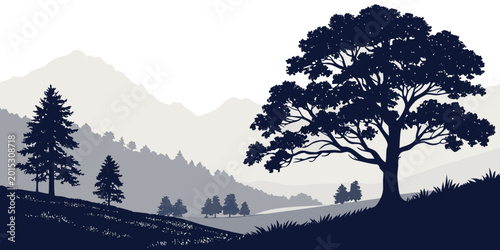 Cuadro en lienzo Silhouetted spreading oak tree on hillside with distant mountain ranges tree sil