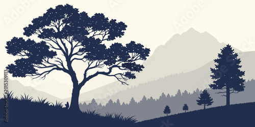 Schilderij op canvas Large deciduous tree silhouette in foreground with forest hills and misty mounta