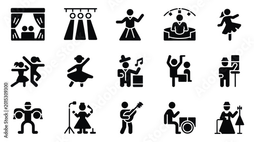 Set of 15 black glyph entertainment and performance icons vector