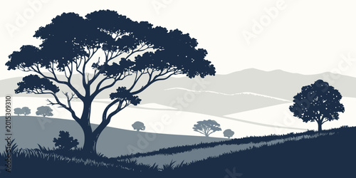 Schilderij op canvas Expansive dark blue-grey landscape silhouette vector illustration with large tre