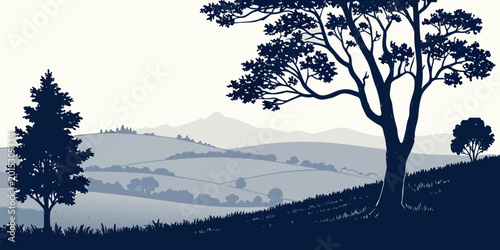 Foto Stylized landscape vector with deciduous and conifer trees on rolling hills and