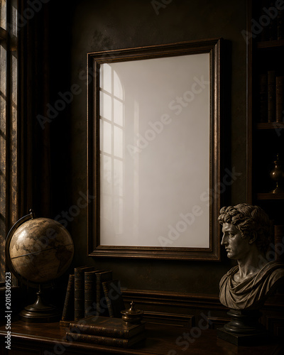 Dark Academia Frame Mockup with Moody Lighting and Vintage Library Interior Styling