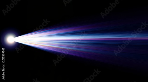 a dark, abstract image features luminous lines of light, primarily white and purple, forming a radiant, curved wave across the center.