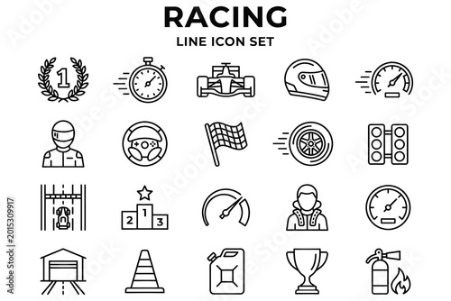 Canvas Print Premium racing-themed line icon set featuring 18 distinct symbols including spee