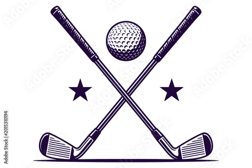 Vintage-inspired golf logo design featuring crossed vintage golf clubs with dimpled golf ball and twin stars on monochrome background