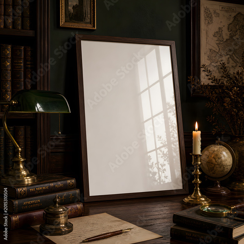 Dark Academia Frame Mockup with Moody Lighting and Vintage Library Interior Styling