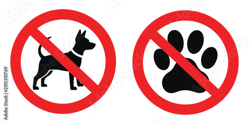 Fotografía No pets prohibition icon featuring dog silhouette and paw print with red diagonal ban symbol, flat vector illustration for public and private signage