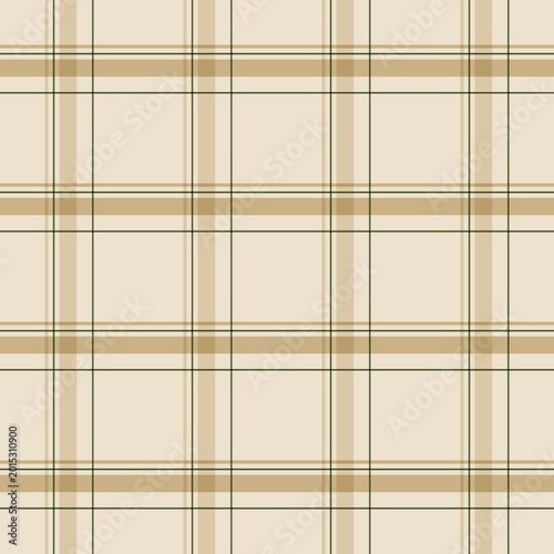 Classic plaid seamless pattern with beige and dark green stripes. Geometric checkered background for textile, fabric and home decor