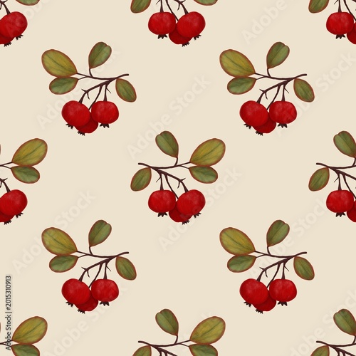 Seamless pattern with red berries branches, autumn botanical natural texture
