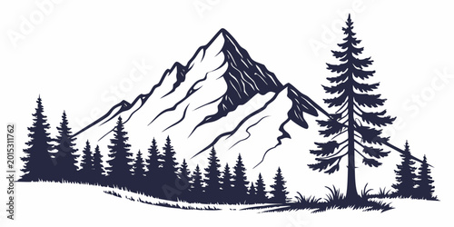 Fotografi Bold monochrome mountain scenery graphic with evergreen trees and craggy peak si