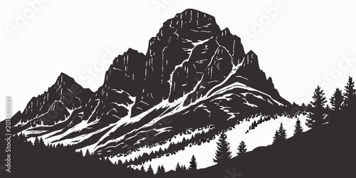 Bild auf Leinwand Imposing dark mountain with steep sheer faces snow and dense evergreen forest ve