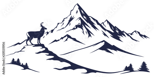 Schilderij op canvas Vector illustration of a chamois or mountain goat standing on a rocky peak with