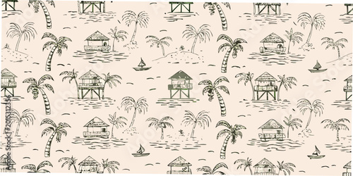 Fotografie Tropical island pattern with hand drawn huts palm trees and boats