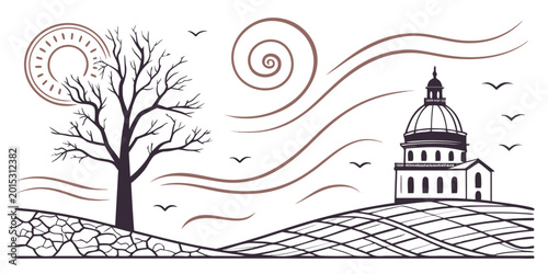 Εκτύπωση καμβά Whimsical line art illustration of a bare tree on a hillside facing a domed monu