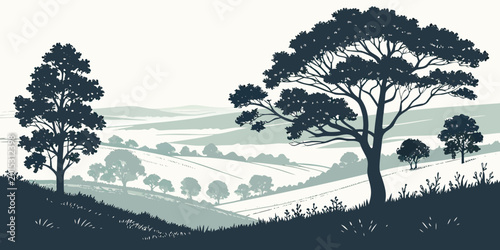 Photos Atmospheric landscape illustration of a serene valley with silhouetted trees in