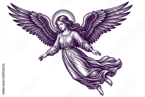Quadro su tela Elegant vintage-style angelic illustration with flowing robes and outstretched w
