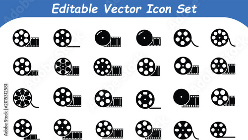 Assortment of editable vector film reel icons in silhouette style with film strip, movie making