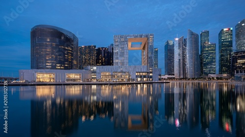 eye level shot of a modern city skyline at dusk with a large body of water in...