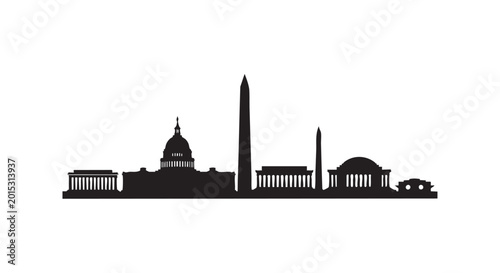 Black silhouette of Washington dc skyline architecture with iconic government landmarks on white isolated background.