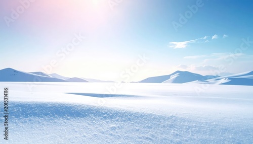 Snowy mountain range landscape under bright sunlight with open copy space