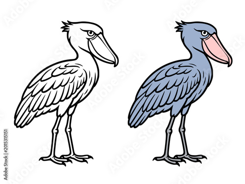 Quadro em tela Shoebill icon illustration in line art and colored design, for coloring page