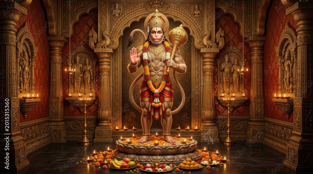 Fototapeta premium Hanuman deity standing in ornate temple interior with dramatic lighting and offerings
