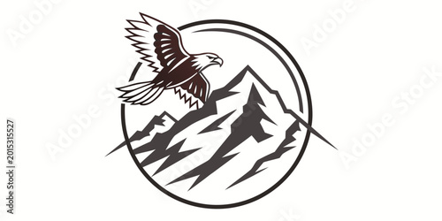 Fotografia Graphic illustration of an eagle in flight soaring above a stylized mountain ran