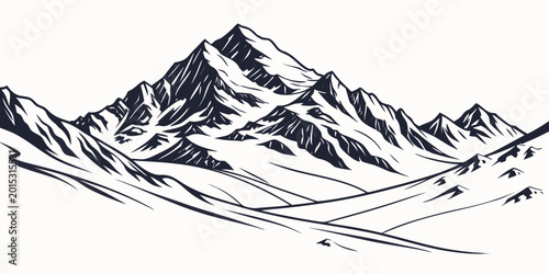 Fotografia Stark silhouette line art illustration of majestic snow capped mountains with mo
