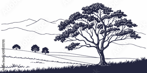 Bild auf Leinwand Serene landscape with a large sprawling tree in the foreground and rolling hills