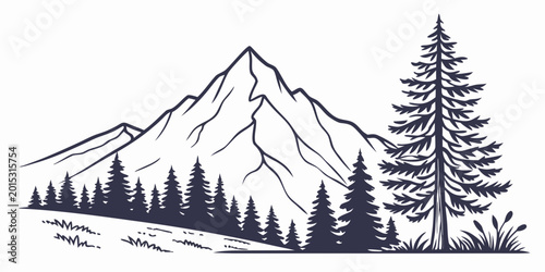 Canvastavla Black and white mountain scenery with coniferous forest and lone pine tree illus