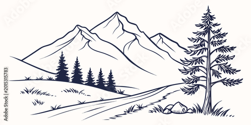 Obraz na płótnie Scenic mountain range line drawing with forest path and solitary pine tree mount
