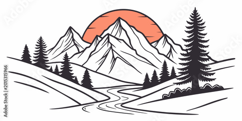 Foto Minimalist graphic mountain scenery with pine forest winding river setting sun p