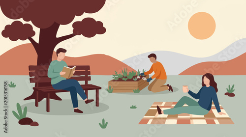 People enjoying outdoor leisure activities like reading, gardening, and relaxing in a park