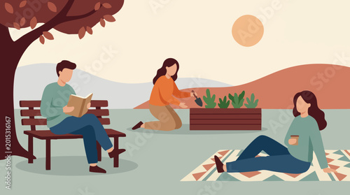 Quadro su tela People enjoying leisure activities outdoors: reading, gardening, relaxing in par