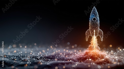 Wireframe Rocket Launch with Particle Propulsion on Digital Network Terrain, Futuristic Startup Growth and Tech Innovation Concept for Web Banners and Presentation Graphics