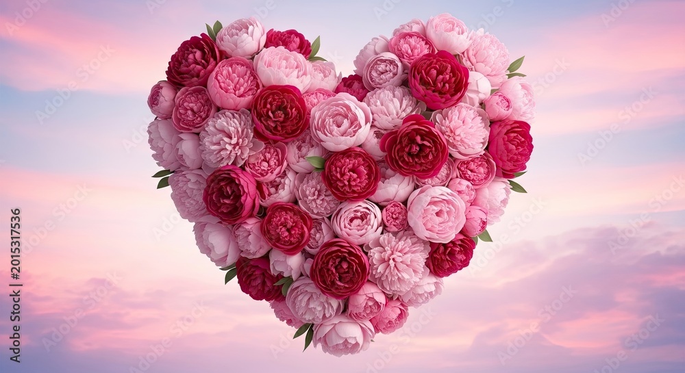 Fototapeta premium Floral heart red and pink peony flowers nature's romantic symbol