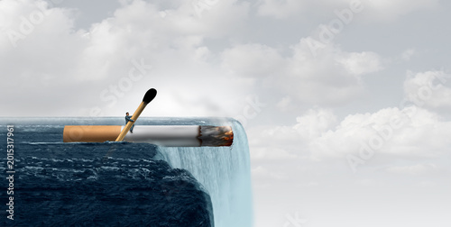 Dangers of Smoking as a health hazard concept with a person on a dangerous journey in an ocean rowing a giant cigarette with a match as a smoke crisis idea and a medical symbol for challenges in quitt