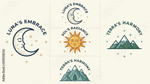 Photos Vintage Celestial and Nature Logo Collection Featuring Mystical Sun Moon and Mou