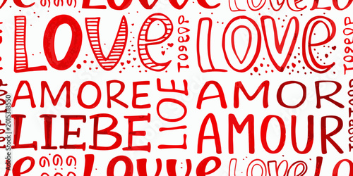 Cuadro en lienzo Seamless pattern of the word love in multiple languages red on white