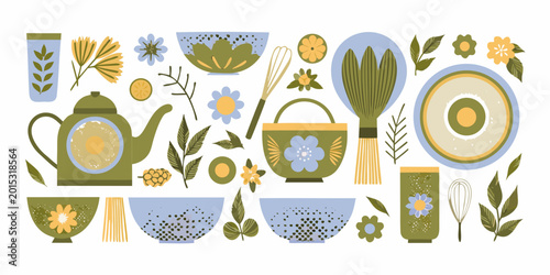 Tea set and botanical illustration flat vector style on white background