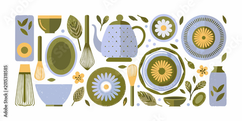 Tea set and botanicals flat vector illustration on white background