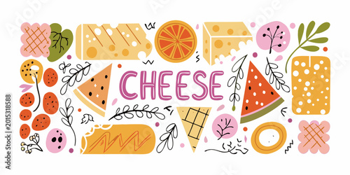 Canvastavla The word cheese surrounded by fruits and floral elements hand drawn illustration