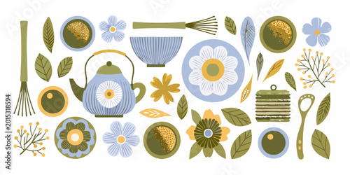 Floral tea set illustration with teapots bowls and botanical elements