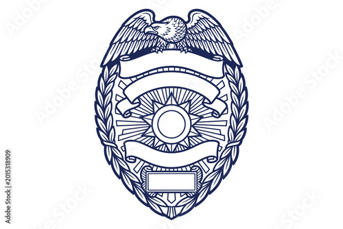 Official police badge emblem featuring eagle wings, sunburst rays, and laurel wreath design in bold blue vector illustration