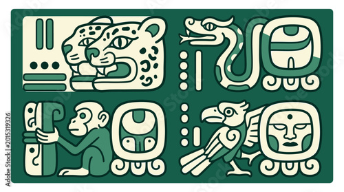 Photography Mayan Animals Glyphs Illustration with Jaguar, Snake, Monkey and Bird, and Human